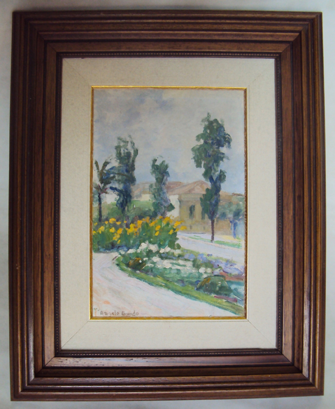 DI 358 – Quadro Ângelo Guido pintura a óleo de rua florida de Gramado com casa e árvores