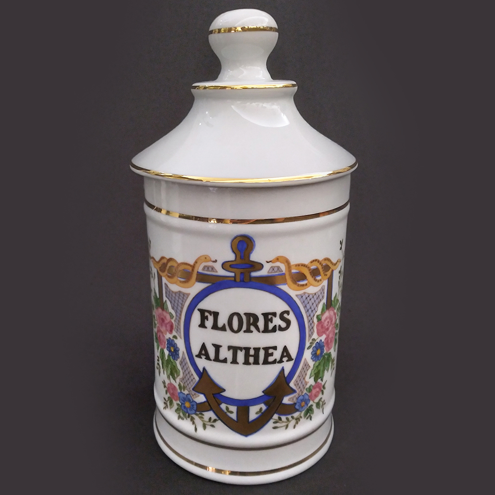 LO 145 – Pote ou boião antigo de farmácia FLORES ALTHEA em porcelana pintada à mão com flores, âncora e dourados