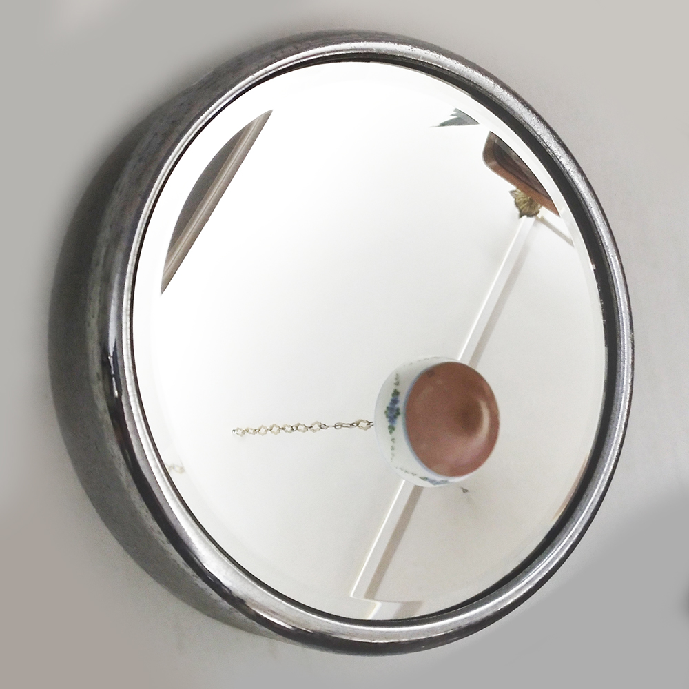 DI 121 – Espelho de cristal bisotê redondo em caixa de relógio antigo em metal cromado
