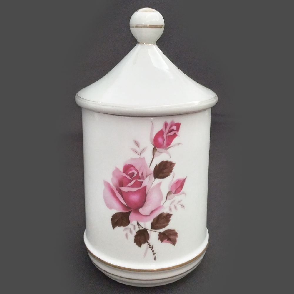 LO 103 – Pote antigo de farmácia anos 60 em porcelana Porbras decorado com rosas