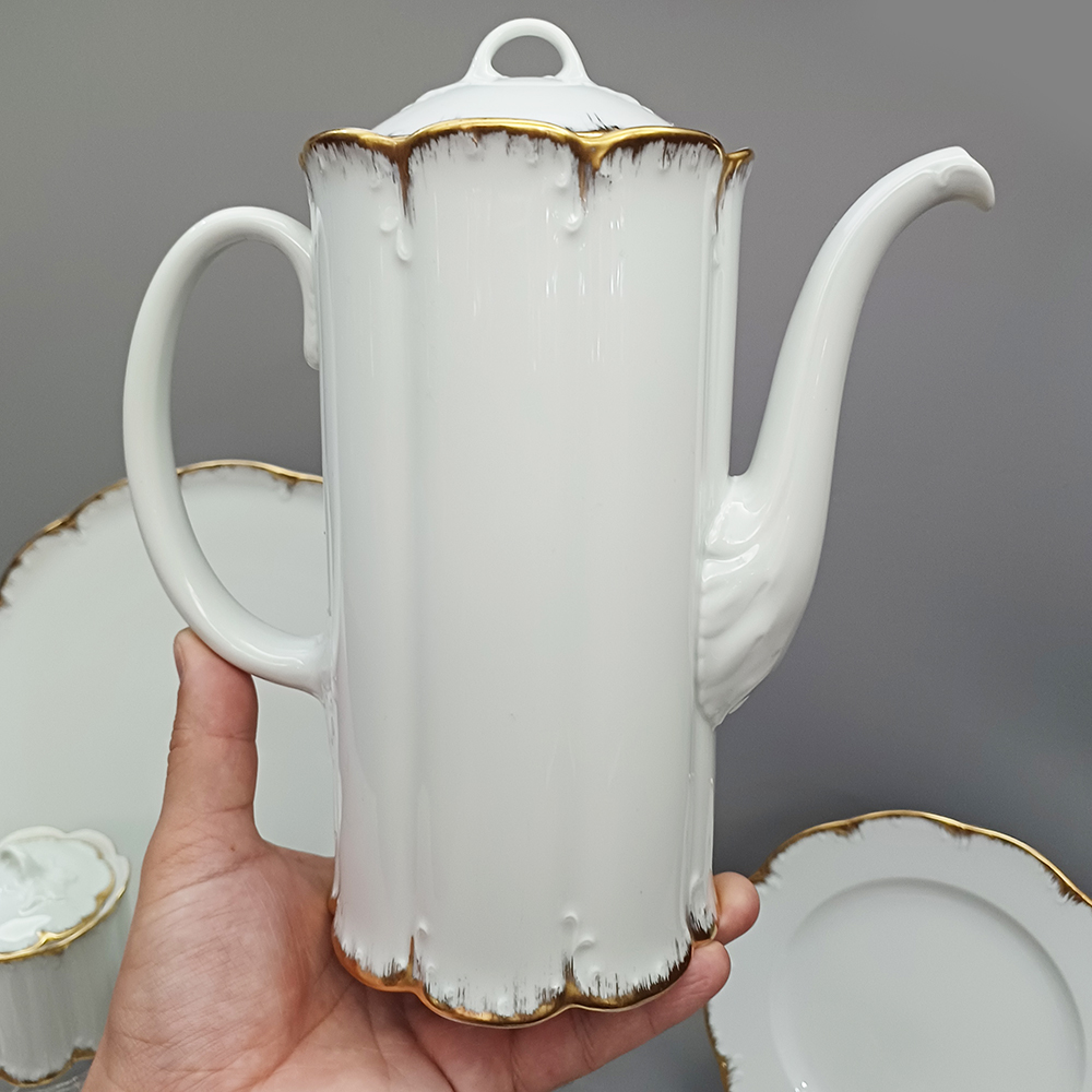 LO 224 – Jogo de chá ou café antigo em porcelana alemã Rosenthal para 6  pessoas com travessa e prato para bolo com bordas em ouro