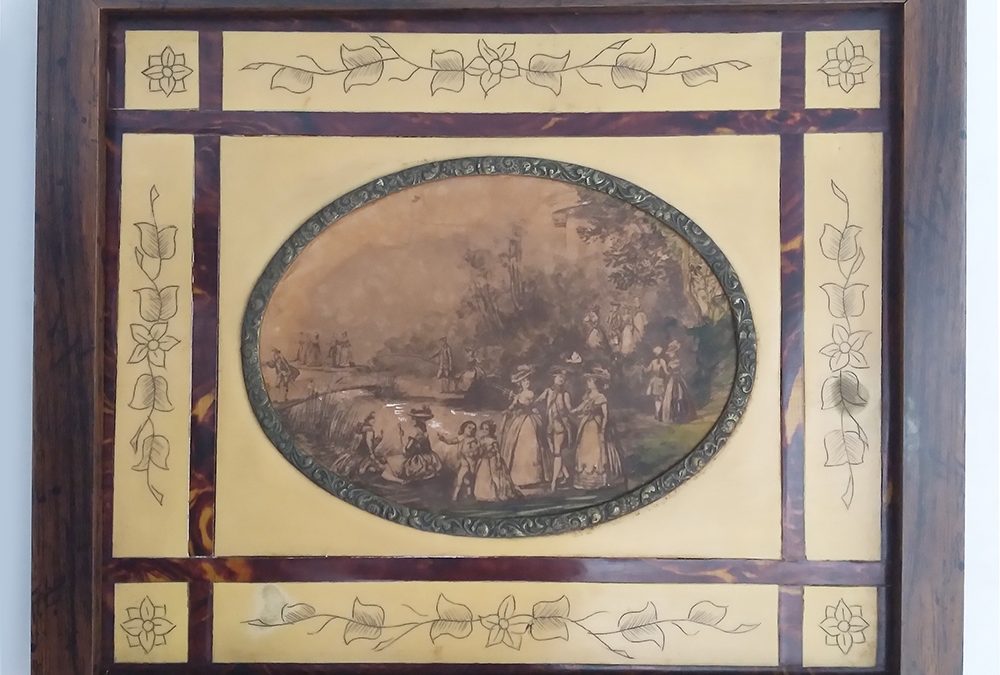 DI 140 – Quadro antigo com desenho sobre cartão com moldura de baquelite
