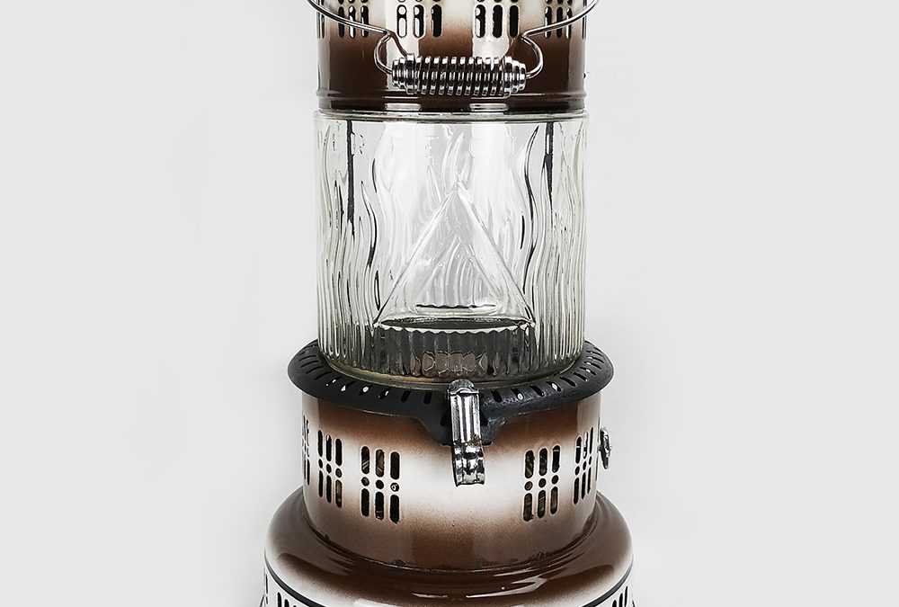 DI 38 – Aquecedor ou estufa antiga americana Perfection em ferro esmaltado e vidro Pyrex