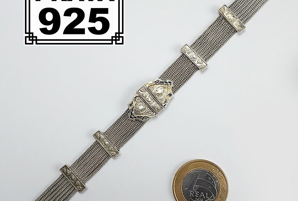DI 51 – Pulseira antiga em prata de lei 925 com 7 correntes e medalhão central