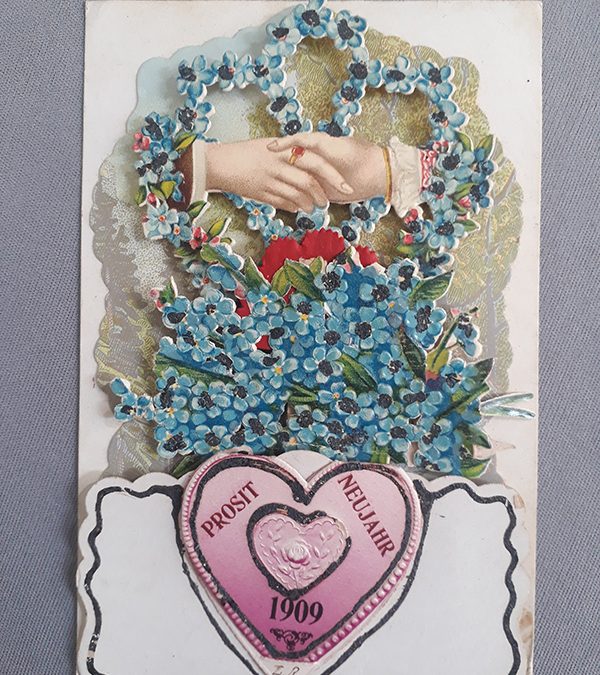 DI 79 – Cartão postal antigo de 1909 com efeito 3D movimento de flor vermelha